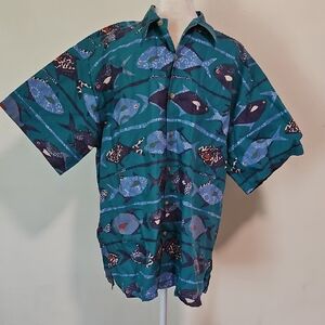 Kahala Men's Teal Fish Print Short-Sleeve Button-Up Shirt L